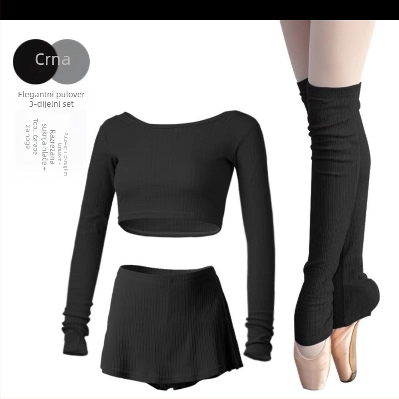 Set baletnog treninga za odrasle žene — cropped pleteni top s dugim rukavima, trodijelni set za vježbanje, proljeće 2025 izdanje; materijal TR, PVC ≤ 30%; kineski stil, književni retro