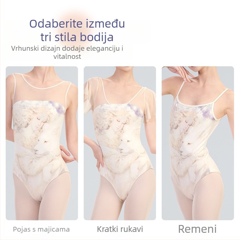 Ženski baletni trening bodi s ispisom mreže, najlon/poliamid tkanina, podstava rayon
