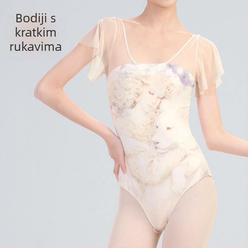 Ženski baletni trening bodi s ispisom mreže, najlon/poliamid tkanina, podstava rayon