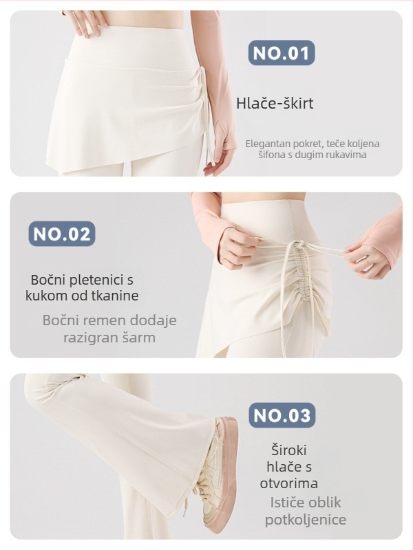 All-in-One hlače za jogu s kopčanjem i culotte krojem, visoki struk, podizanje bokova, zaštita od prozirnosti, blago prošireni donji dio; Shark skin tkanina (Nylon + Spandex), visoka elastičnost