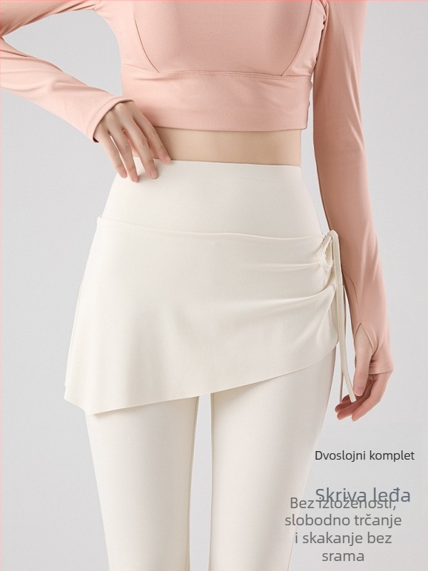 All-in-One hlače za jogu s kopčanjem i culotte krojem, visoki struk, podizanje bokova, zaštita od prozirnosti, blago prošireni donji dio; Shark skin tkanina (Nylon + Spandex), visoka elastičnost
