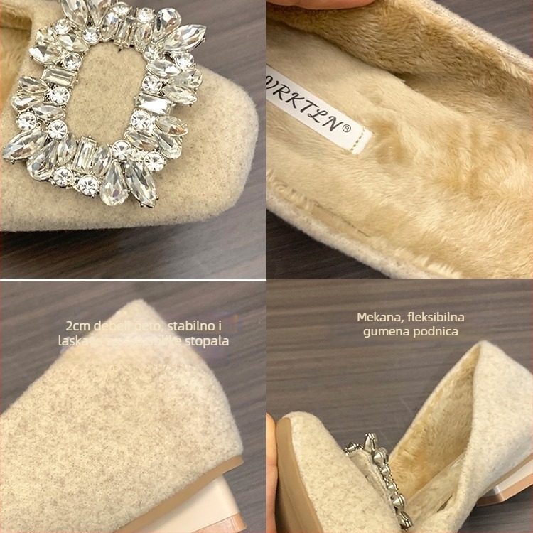 Ocean One Elegantne ravne cipele s rhinestones i kvadratnom kopčom, gornji dio od umjetnog pliša, niski mačji pet, PU ulošak, gumeni potplat