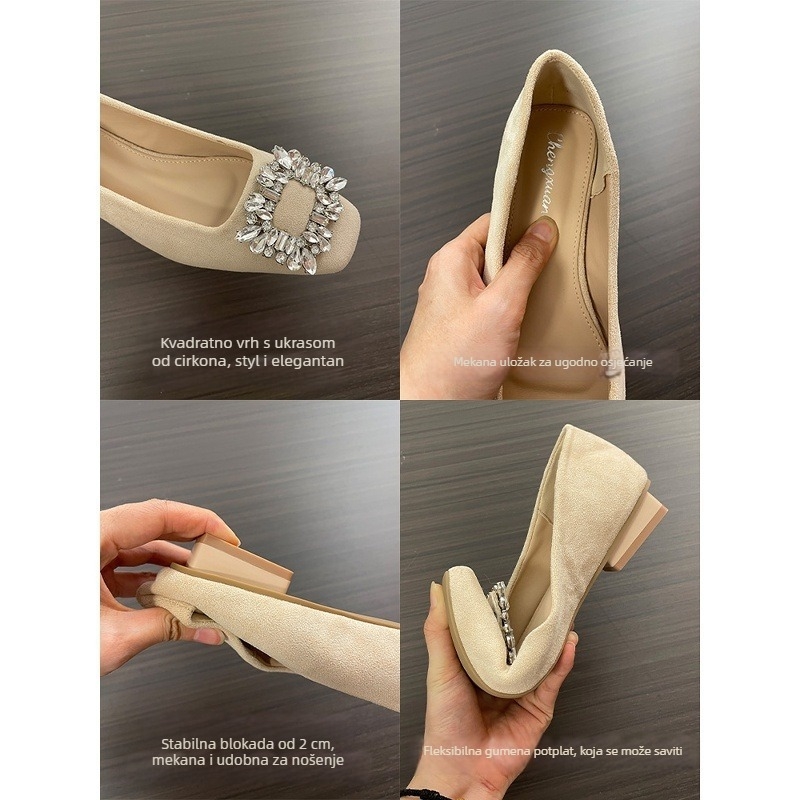 Ženske cipele s kvadratnim nosem od velura, niski blok-heel do 3 cm, slip-on, gumeni potplat