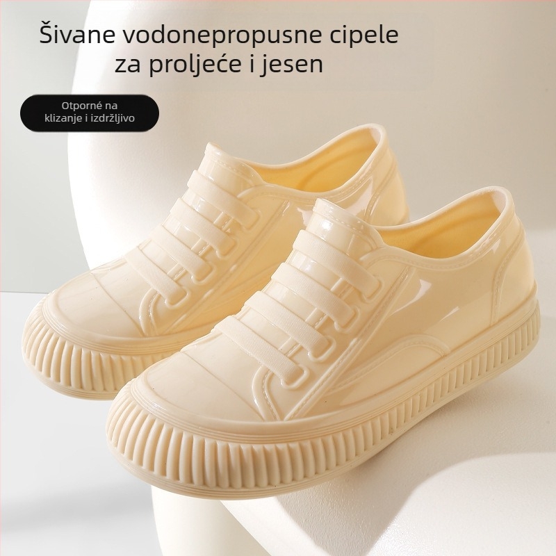 Ženske kišne cipele - PVC gornji dio, Slip-On dizajn, niski šev, plosnata peta, proljeće