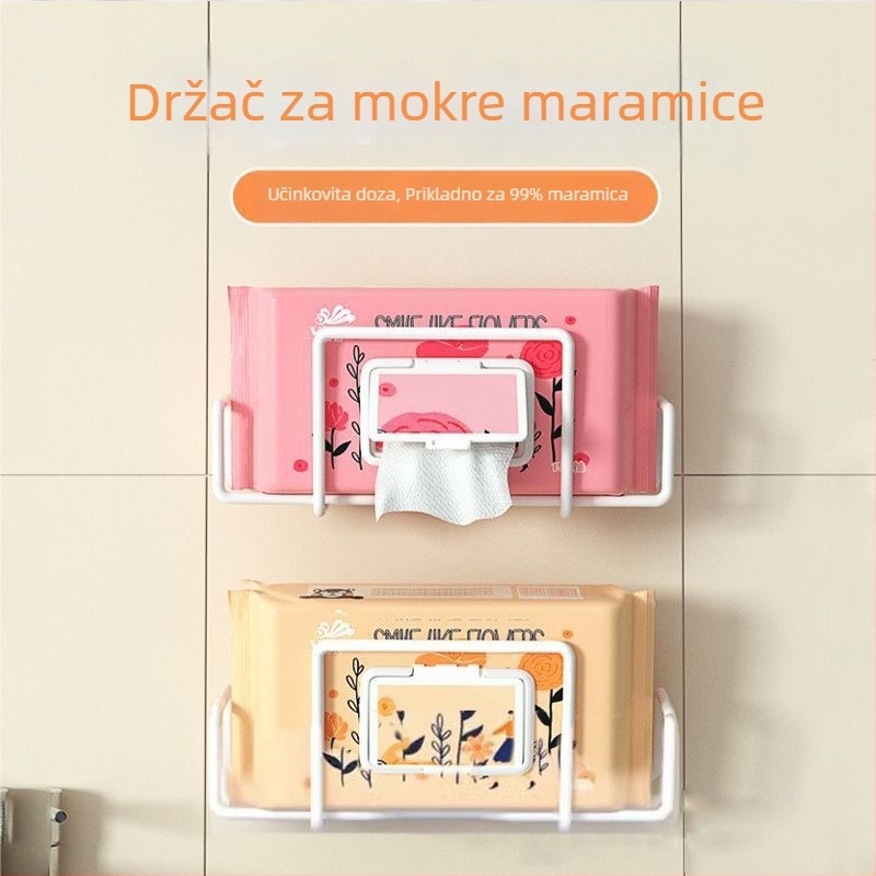 Zidni držač papirnatih ubrusa s kutijom za vlžne maramice i skladišnim prostorom, metalni četverokutni okvir, završna obrada pečena boja, japansko-korejski stil.