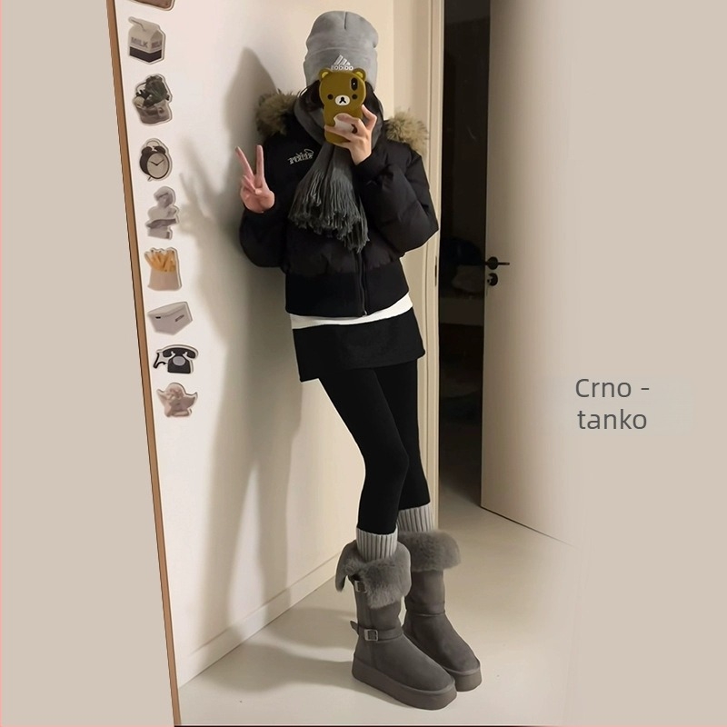 Ženski jedinstveni set suknje i hlača u jednom komadu, zima 2024, poliester, debeli fleec podstava, uski kroj, dugačke hlače