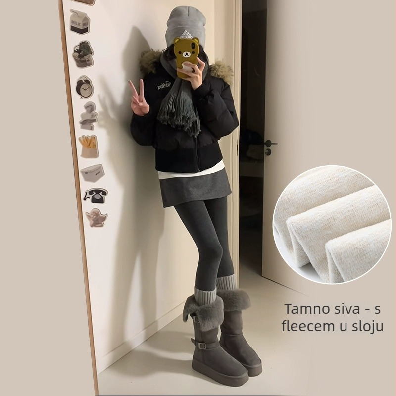 Ženski jedinstveni set suknje i hlača u jednom komadu, zima 2024, poliester, debeli fleec podstava, uski kroj, dugačke hlače