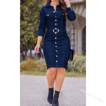 Denim haljina boginje s ovratnikom i klopom, duge rukave, srednje duljine, gradski stil