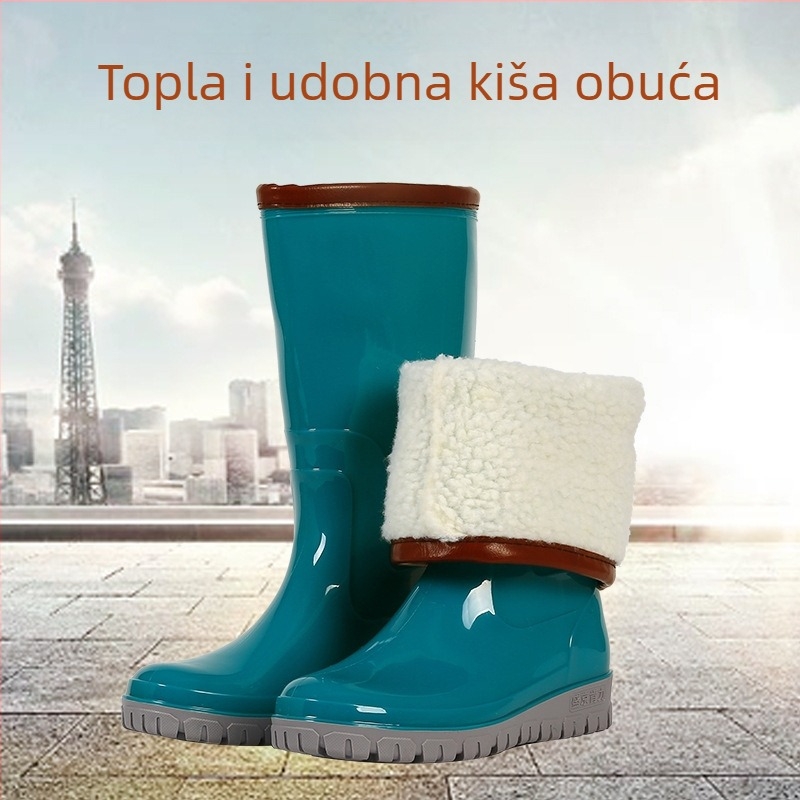 Ženske gumene čizme za kišu od gume, visoki cilindar, podstavljene plišem, vodootporne, protuklizna debela potplata