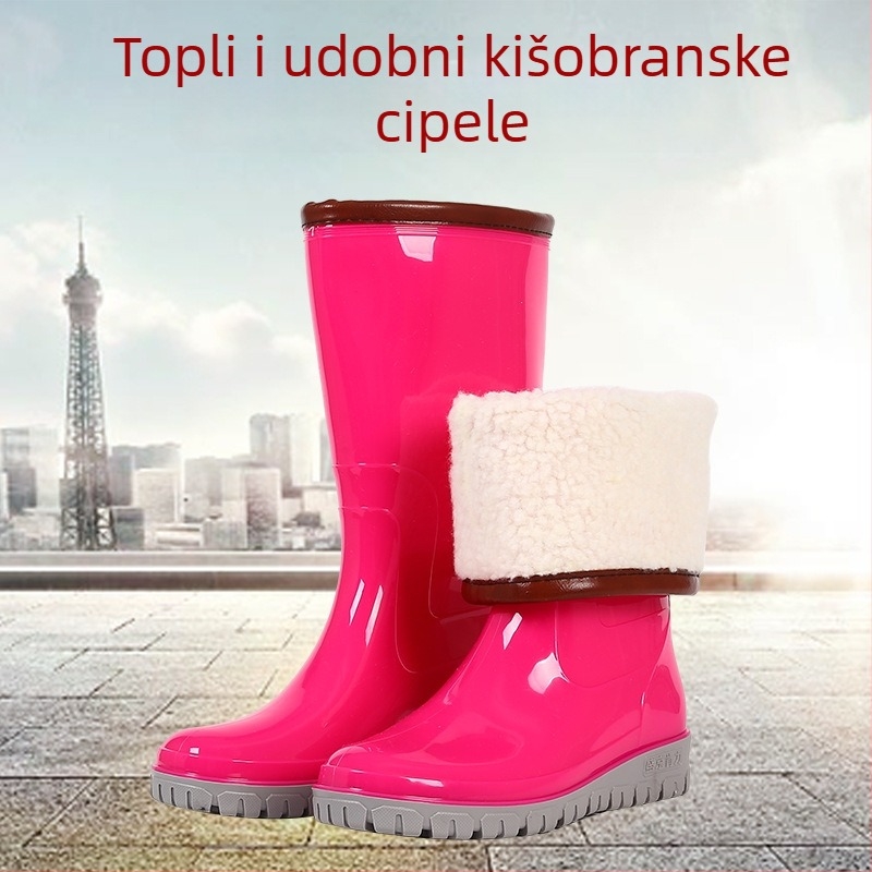 Ženske gumene čizme za kišu od gume, visoki cilindar, podstavljene plišem, vodootporne, protuklizna debela potplata