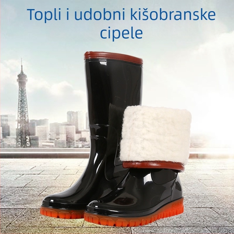 Ženske gumene čizme za kišu od gume, visoki cilindar, podstavljene plišem, vodootporne, protuklizna debela potplata