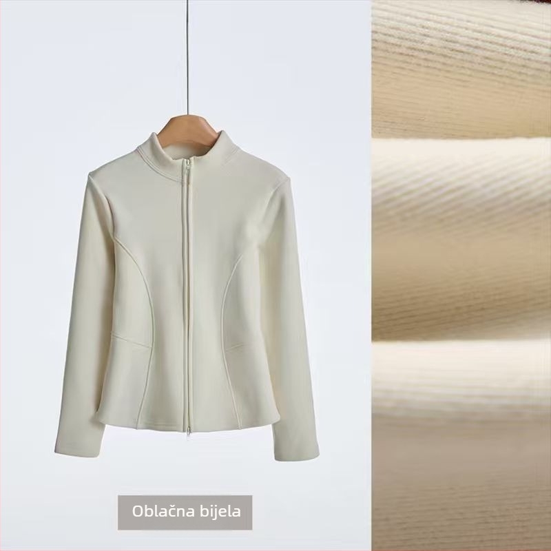 Graphene joga jakna s dvostrukim zatvaračem, stojeći ovratnik, uski kroj, debela fleece podstava