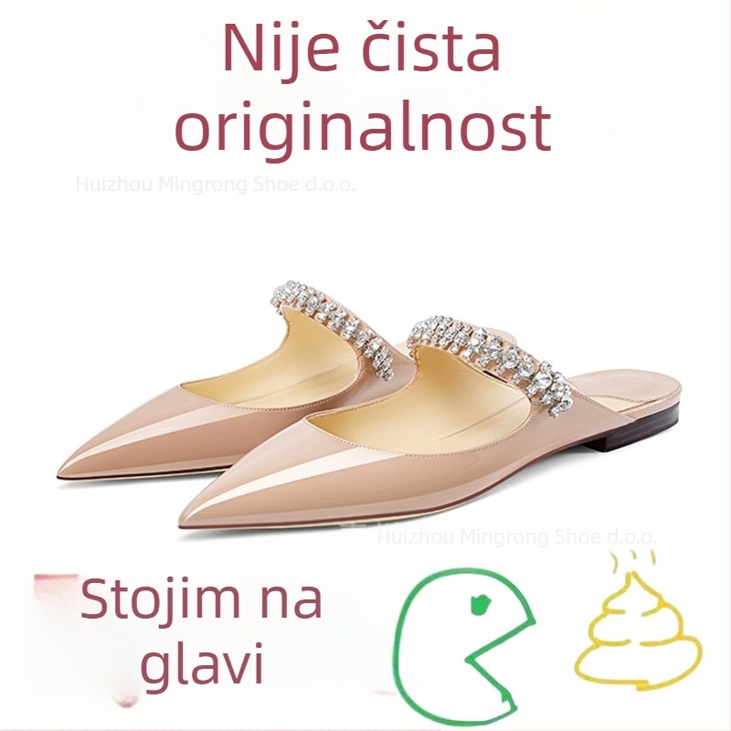 Ženske mule s kristalima, gornji dio od prave kože, gumena potplata, ravna peta, slip-on, debljina potplata 0–3 cm