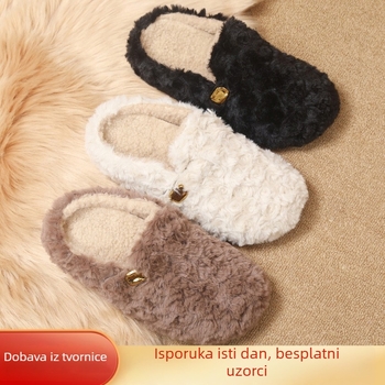 Ženske papuče od umjetnog pliša, gornji dio od umjetnog pliša, mrežasti unutarnji dio, PVC potplat injekcijskog oblikovanja, ravna peta, za kućnu upotrebu