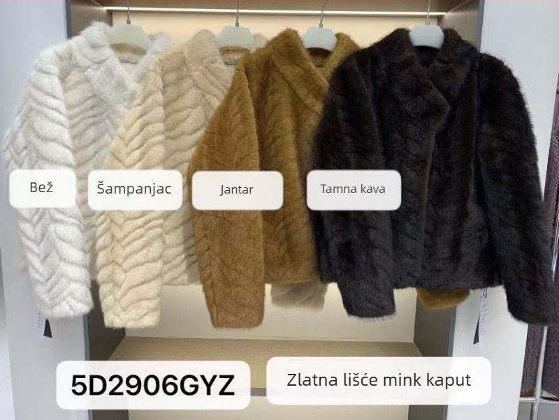 Palto od krzna u korejskom stilu s herringbone uzorkom i zlatnim listovima, stojećim ovratnikom i dugim rukavima