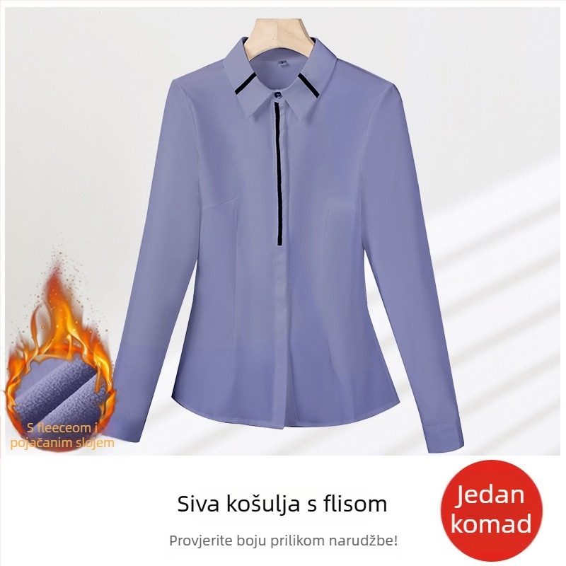 Košulja - uski kroj, mješavina poliester-spandeks, dugi rukav, kvadratni ovratnik, kopčanje na jedan red gumba
