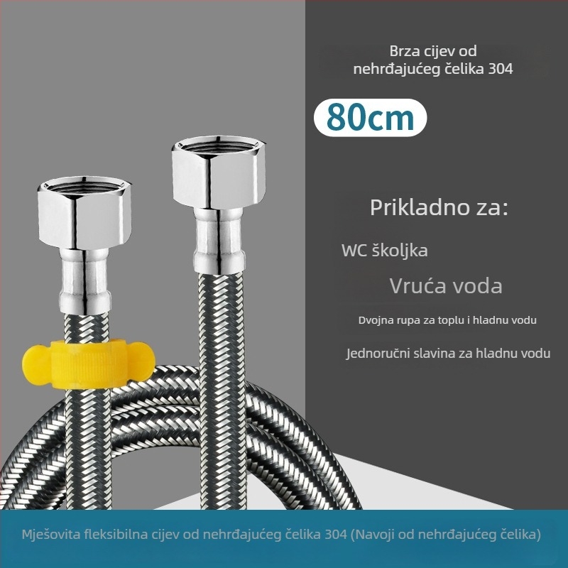 Nerđajući čelični opleteni dovod vode, navoj — 0–90°C, 1.0 MPa, pogodan za toalete i bojlere