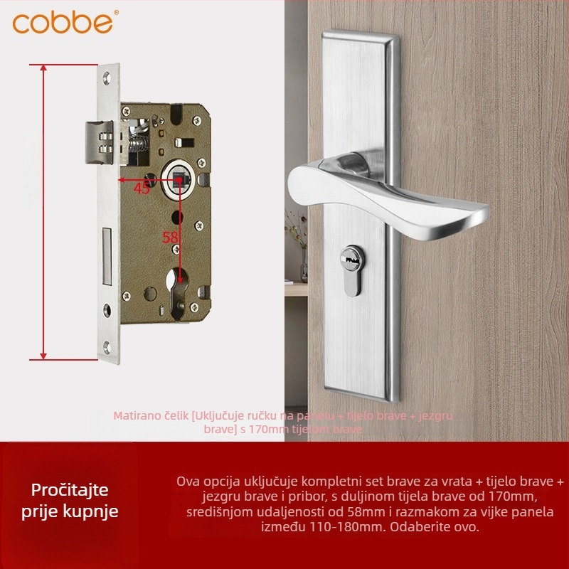 Cabe CB-KTS10 Brava za vrata spavaće sobe - Nehrđajući čelik, ugrađena brava, moderni minimalistički stil