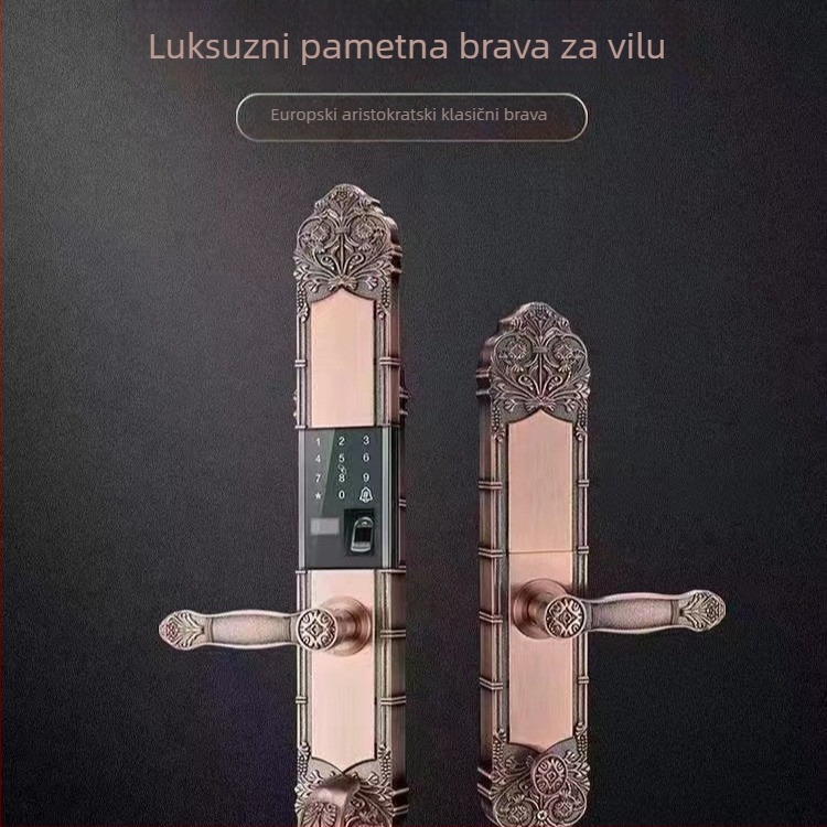 Pametna brava za ulazna vrata vile s otiskom prsta i lozinkom, 100 pohranjenih otisaka, skeniranje za 3 sekunde, -25 do 55°C, vijek trajanja 10000 ciklusa, napajanje DC