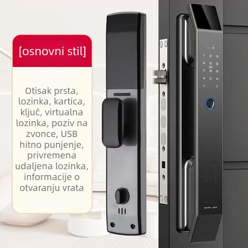 Pametna brava za vrata s prepoznavanjem lica, otiska prsta i lozinke — 100 otisaka, >100000 otključavanja, skeniranje <0,01 s, lažno prepoznavanje <0,0004%, -20°C do 60°C