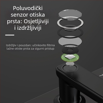 Pametna brava – Model F7P; memorija 100 otisaka prsta; skeniranje 0,1 s; postotak lažnog prihvaćanja <0,1%; vijek > 500.000 ciklusa