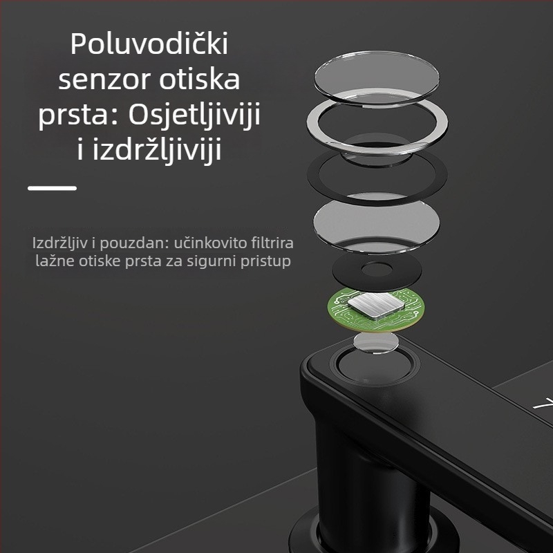 Pametna brava – Model F7P; memorija 100 otisaka prsta; skeniranje 0,1 s; postotak lažnog prihvaćanja <0,1%; vijek > 500.000 ciklusa