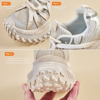 Ženske tenisice tipa dad shoes s debelim potplatom za povećanje visine; gornji dio PU+ mreža; prednje vezivanje; potplat od gume injekcijskog kalupa; svakodnevna upotreba