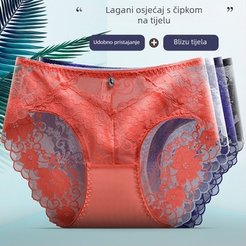 Čipkaste žene gaćice – srednji struk, cvjetni uzorak, prozračna antibakterijska tkanina; glavni materijal: najlon 90–95%, podstava od pamuka 95–100%