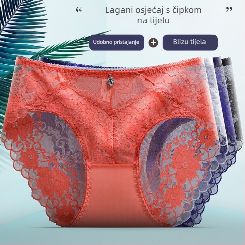 Čipkaste žene gaćice – srednji struk, cvjetni uzorak, prozračna antibakterijska tkanina; glavni materijal: najlon 90–95%, podstava od pamuka 95–100%