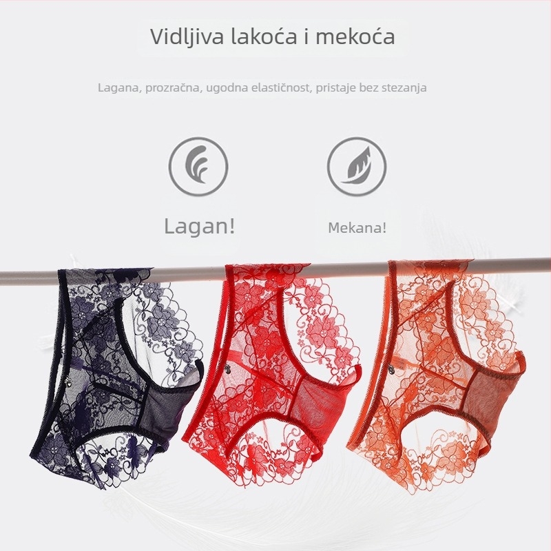 Čipkaste žene gaćice – srednji struk, cvjetni uzorak, prozračna antibakterijska tkanina; glavni materijal: najlon 90–95%, podstava od pamuka 95–100%