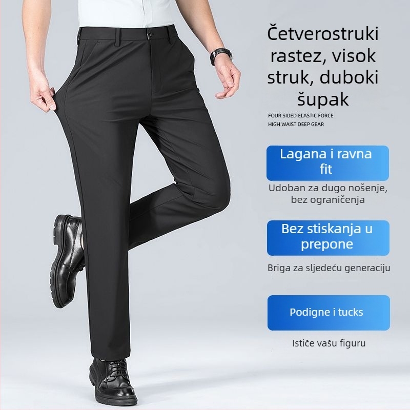 Muške ravne hlače za poslovno casual, visok struk, visoka elastičnost, Milk Silk Nylon materijal, zatvarač, bez glačanja, tanke