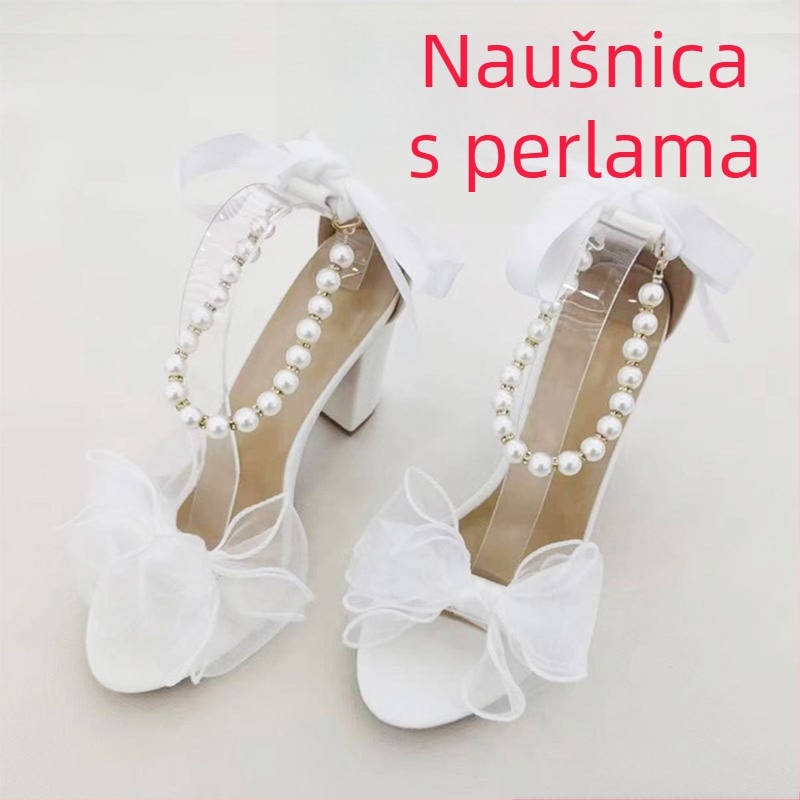 Vanessa sandale s remenom i mašnicom s perlama, prozračni dizajn, okrugli vrh, iznimno visok debeli potpetica