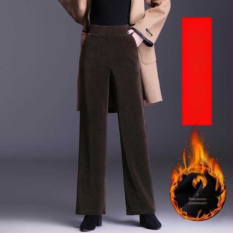 Ženske hlače od chenillea s flis podstavom, ravnog kroja, visokim strukom, casual stil, jesensko-zimske, 95% poliester