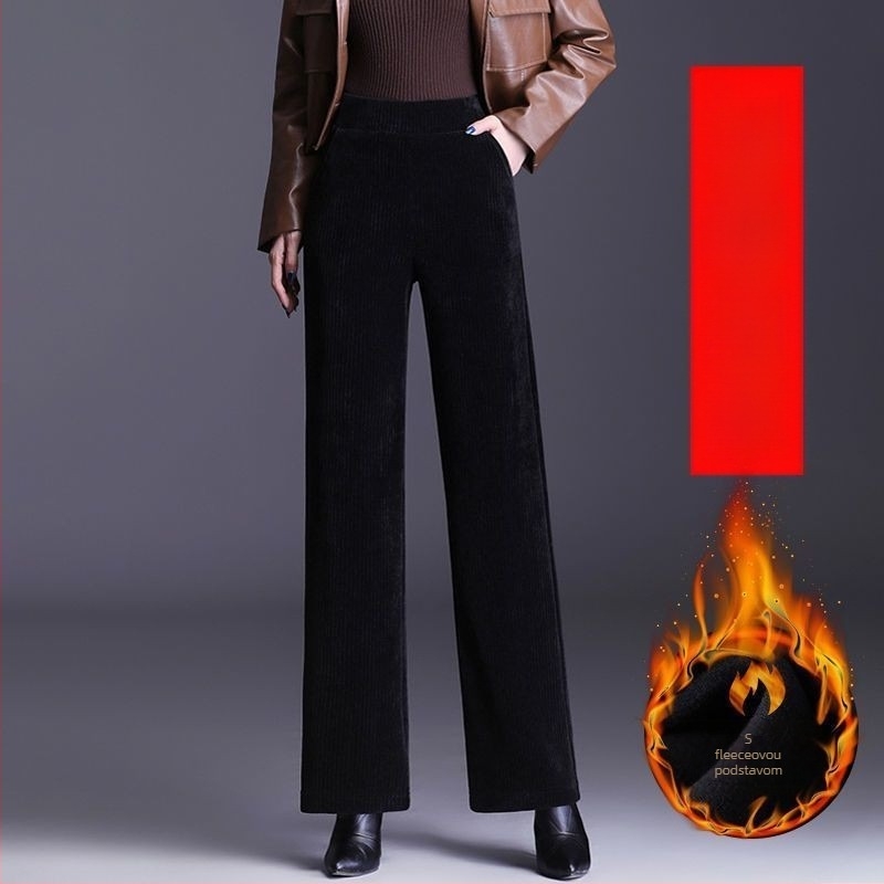 Ženske hlače od chenillea s flis podstavom, ravnog kroja, visokim strukom, casual stil, jesensko-zimske, 95% poliester