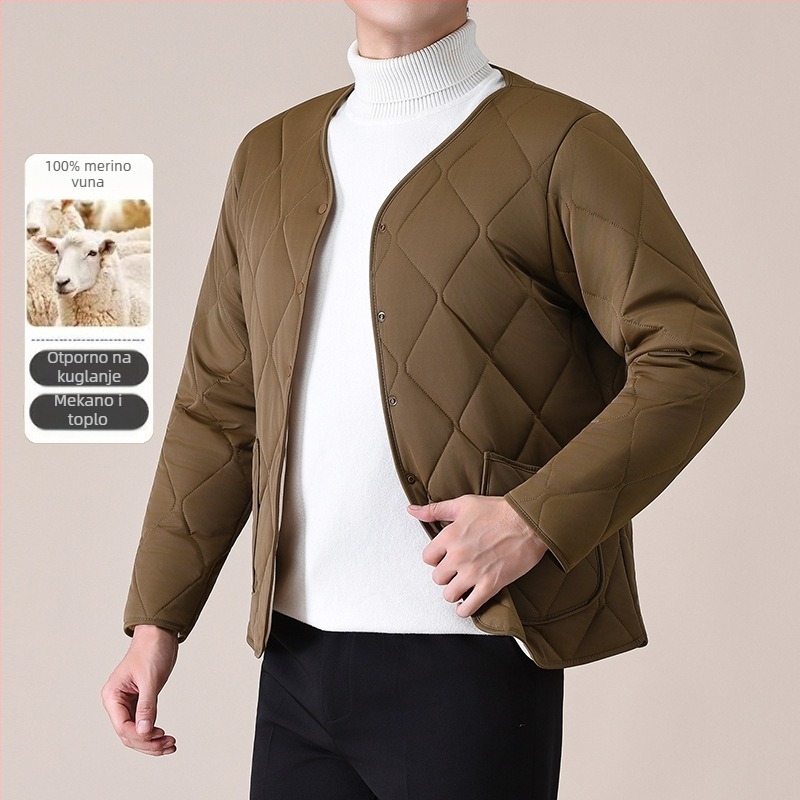 Muški debeli vuneni prsluk s V izrezom, pamučna punjenja, podstava od poliestera, bočni džepovi, kopče, ravni rub, ležerni stil