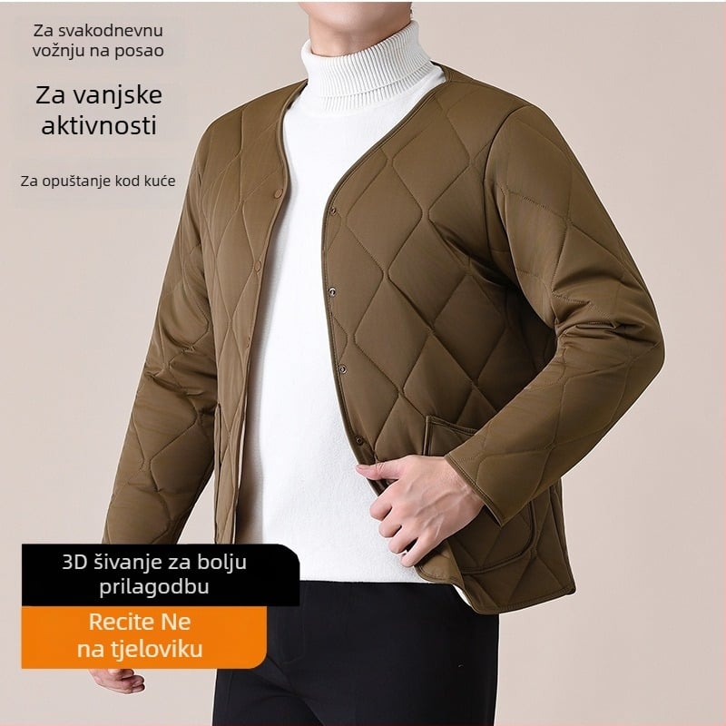 Muški debeli vuneni prsluk s V izrezom, pamučna punjenja, podstava od poliestera, bočni džepovi, kopče, ravni rub, ležerni stil