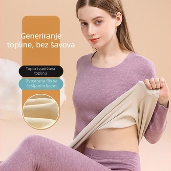 Ženski termalni set donjeg rublja s fleece podstavom, debeli materijal 201–250 g/m², dvodijelni set: top s okruglim izrezom i hlače s dugim rukavima, grijanje