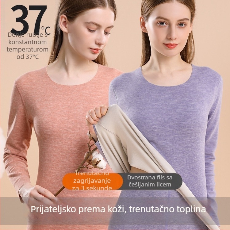 Ženski termalni set donjeg rublja s fleece podstavom, debeli materijal 201–250 g/m², dvodijelni set: top s okruglim izrezom i hlače s dugim rukavima, grijanje