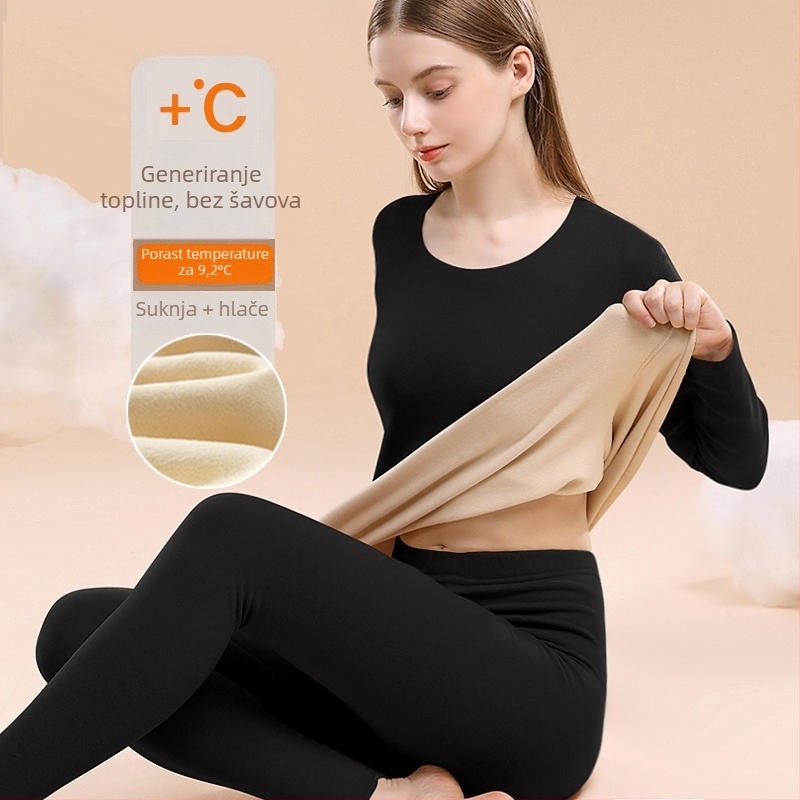 Ženski termalni set donjeg rublja s fleece podstavom, debeli materijal 201–250 g/m², dvodijelni set: top s okruglim izrezom i hlače s dugim rukavima, grijanje