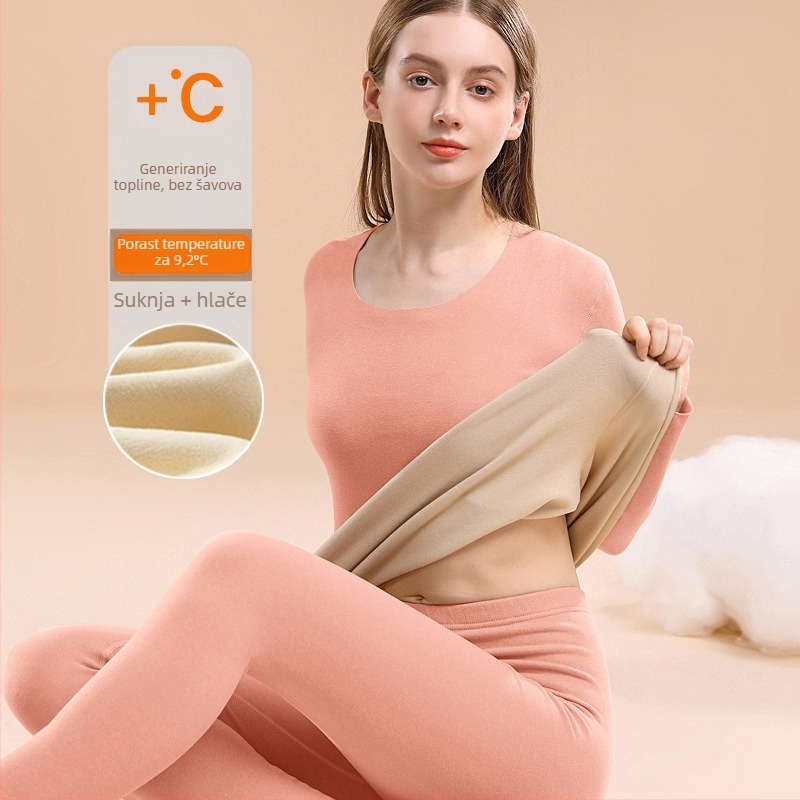 Ženski termalni set donjeg rublja s fleece podstavom, debeli materijal 201–250 g/m², dvodijelni set: top s okruglim izrezom i hlače s dugim rukavima, grijanje