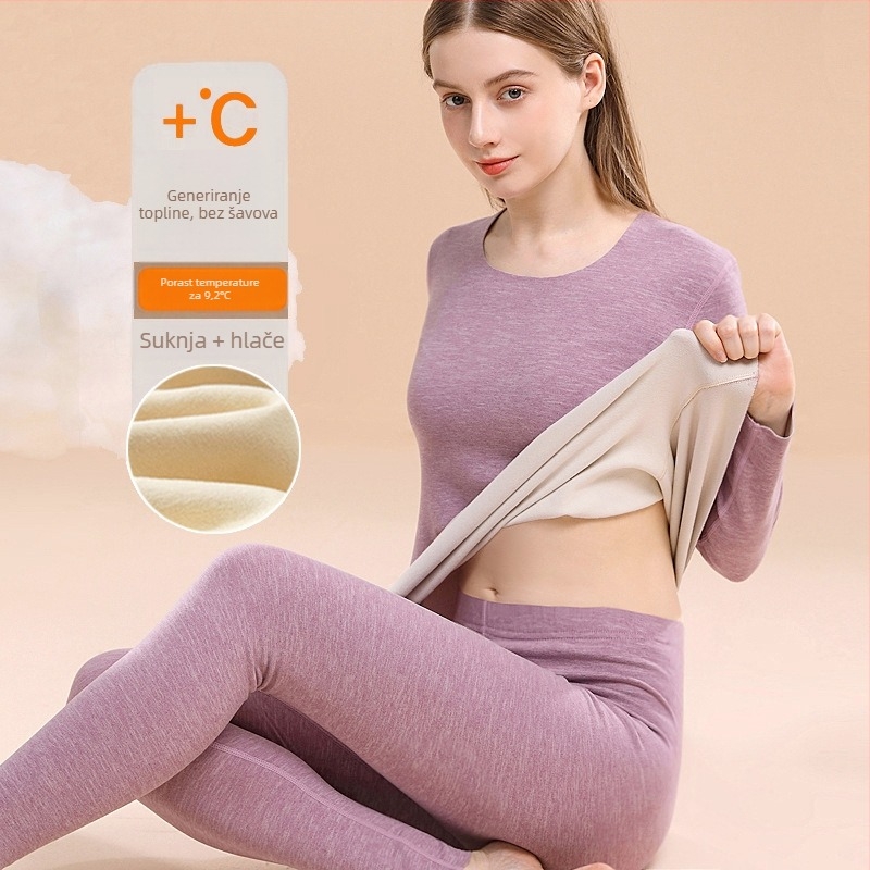 Ženski termalni set donjeg rublja s fleece podstavom, debeli materijal 201–250 g/m², dvodijelni set: top s okruglim izrezom i hlače s dugim rukavima, grijanje