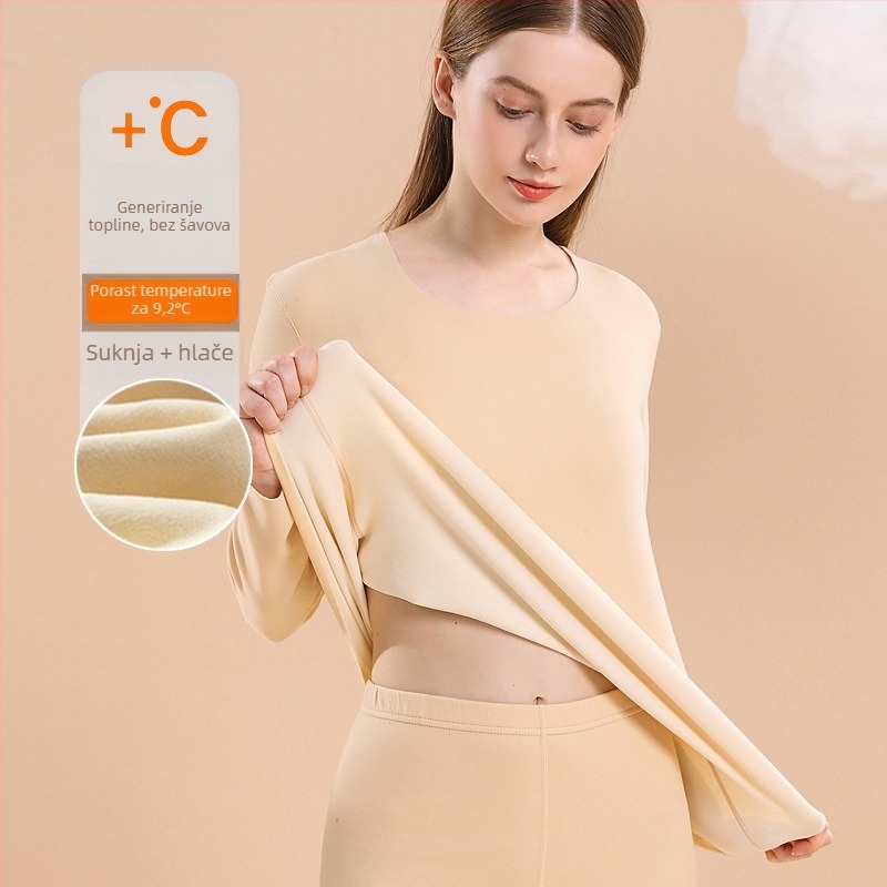 Ženski termalni set donjeg rublja s fleece podstavom, debeli materijal 201–250 g/m², dvodijelni set: top s okruglim izrezom i hlače s dugim rukavima, grijanje