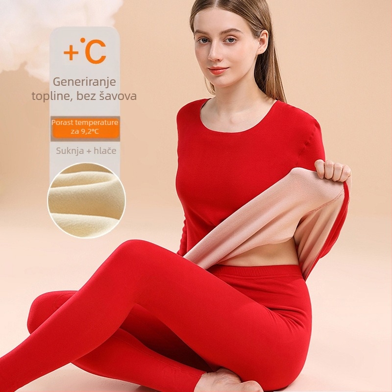 Ženski termalni set donjeg rublja s fleece podstavom, debeli materijal 201–250 g/m², dvodijelni set: top s okruglim izrezom i hlače s dugim rukavima, grijanje