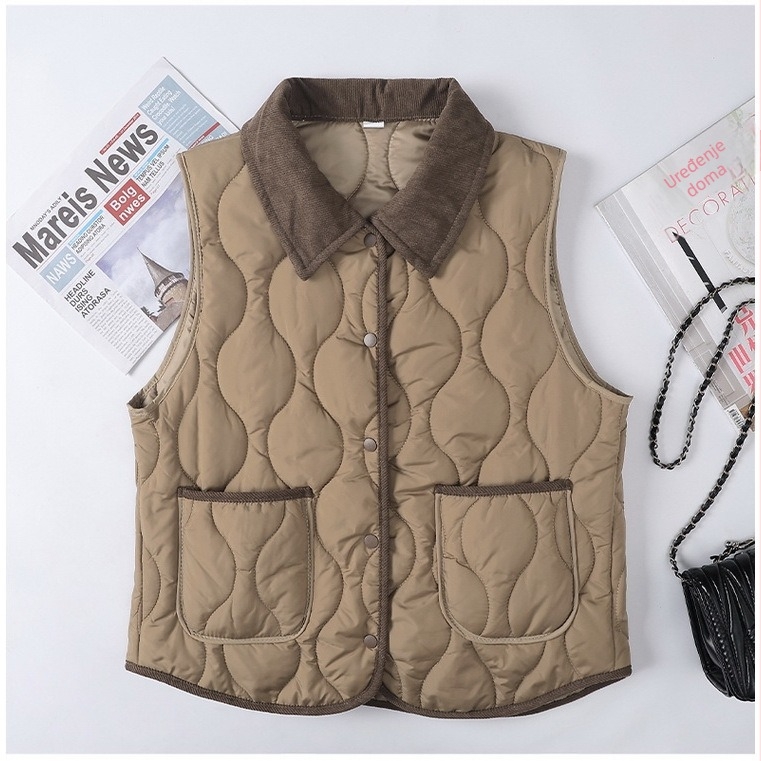 Quiltani prsluk s punom od pamuka za žene srednje i starije dobi, jesen 2025, poliester tkanina, srednja duljina