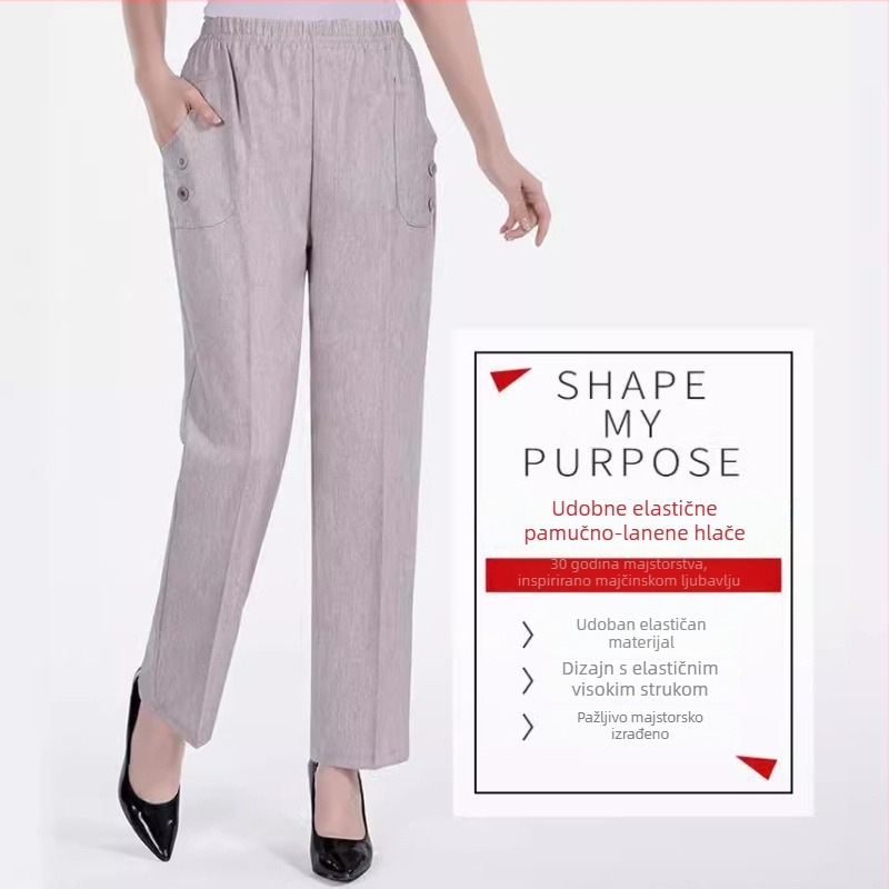 Ženske ljetne hlače od pamuka i lana, udobnog ravnog kroja, visoki pojas, lagan prozračan materijal