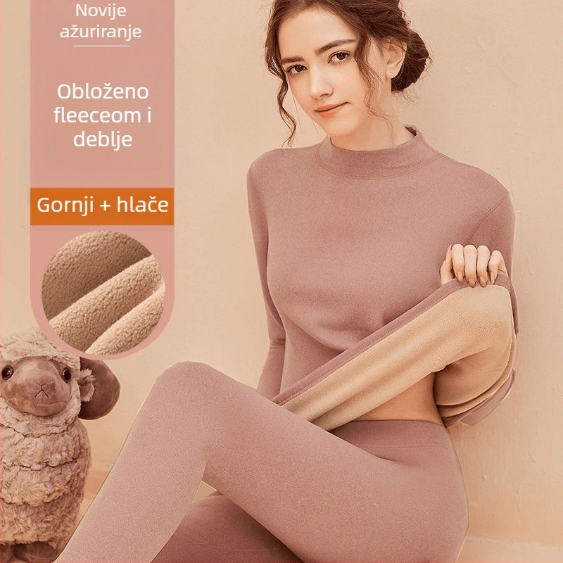 Ženski grijani termalni set s visokim ovratnikom, trostruko debeli flis s veluru podlogom, bezšivne gornji dio i hlače, poliester