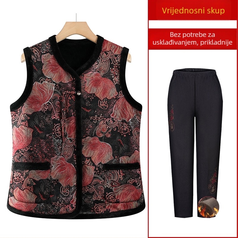 Bezrukavni prsluk, kineski stil, dizajn književnog retro stila, uzorak biljaka i cvijeća, poliester tkanina, PVC ≤30%