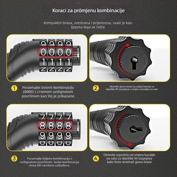 Keyma brava s lozinkom za bicikle, motocikle i električna vozila — četveroznačni kod, PVC-čelični kabel, 100 g