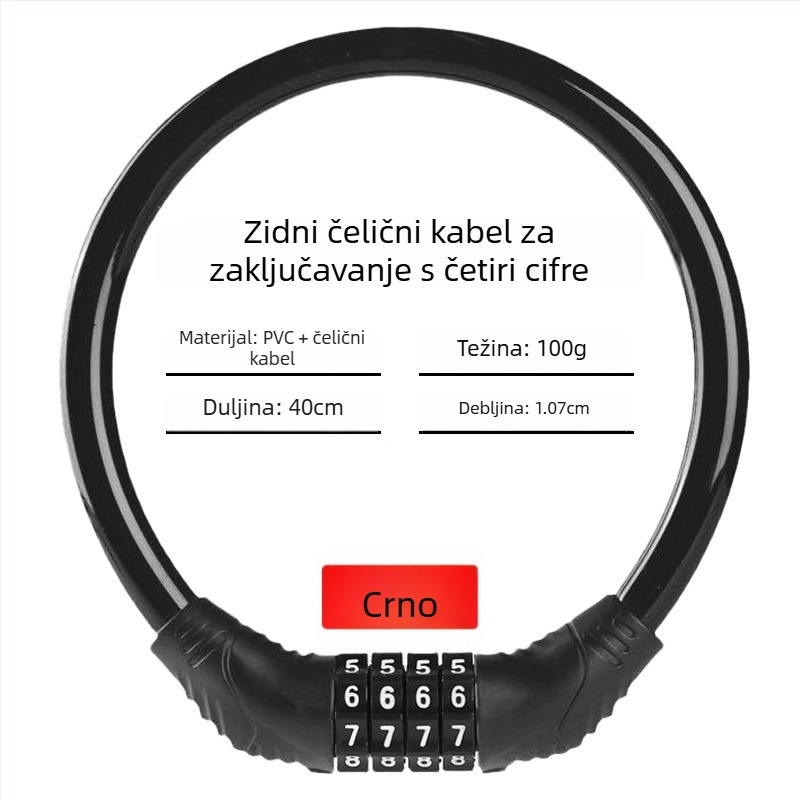 Keyma brava s lozinkom za bicikle, motocikle i električna vozila — četveroznačni kod, PVC-čelični kabel, 100 g
