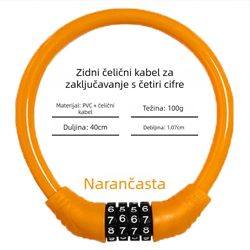 Keyma brava s lozinkom za bicikle, motocikle i električna vozila — četveroznačni kod, PVC-čelični kabel, 100 g